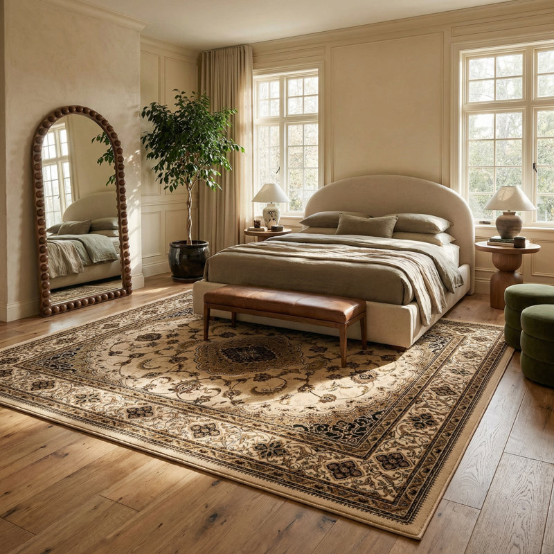 Tapis intérieur / extérieur en médaillon beige / noir 10 pi x 13 pi (9 pi 9 po x 13 pi 3 po) Branch Branch Anbar, tapis traditionnel, à poils courts et résistant aux taches