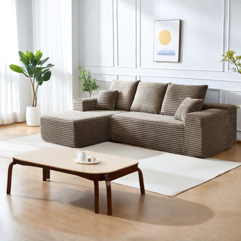 Canapés modernes à compression, grande méridienne en velours côtelé moelleux de 272 cm pour la maison, Brun 2
