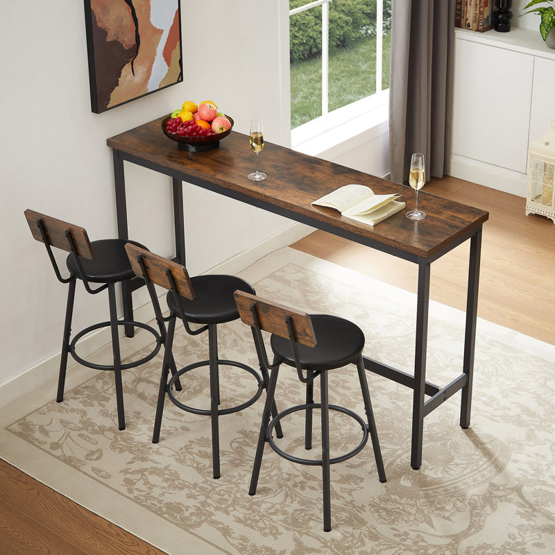 Ensemble de table de bar 63 po avec 3 tabourets revêtus de polyuréthane, comptoir de cuisine rustique brun et noir