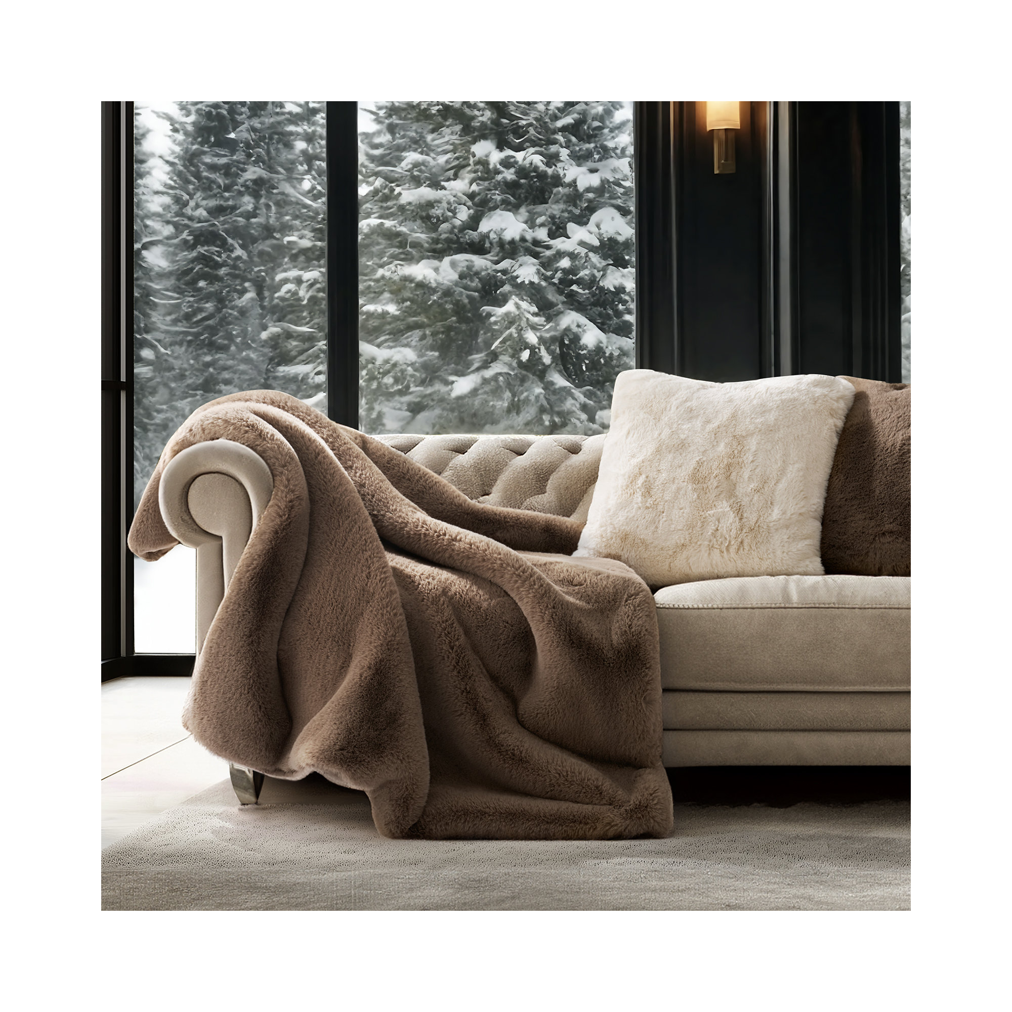 Luxury Soft Faux Chinchilla Fur Throw Blanket 1220GSM, 60" L x 50" W, Tawny Mink