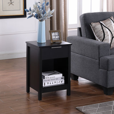 Nightstand with Drawer,3-Tier End Side Table with Storage Drawer and Shelf,Modern Bedside Night Stand for Bedroom, Living Room-Retro Black