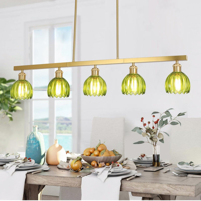 Éclairage d'îlot moderne 5 lumières, luminaires suspendus avec abat-jour fleur vert, lustre de vestibule pour îlot de cuisine (vert)