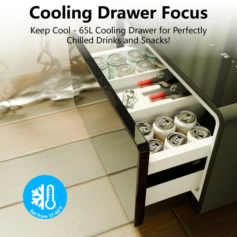 Black High Gloss Smart End Table with Fridge Drawer and Charging Station