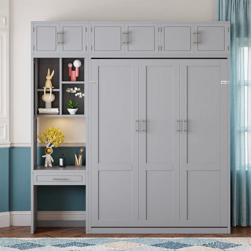 Grand lit escamotable gris avec bureau, armoires supérieures et tablettes - Mobilier pliable peu encombrant, Gris