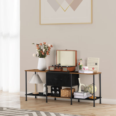 TV Stand With Fabric Drawer, Rustic Wood & Black Metal Frame, Modern Entertainment Center Console Table