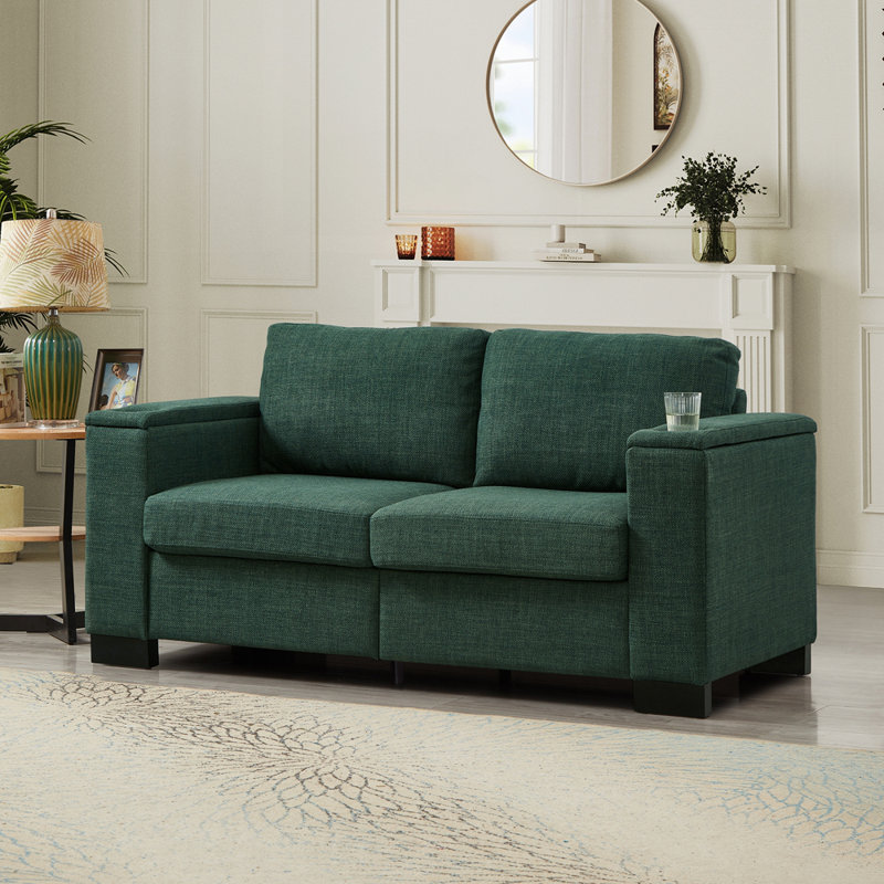 Canapé à accoudoirs carrés avec porte-gobelet et grand rangement revêtu de polyester de style moderne, Vert