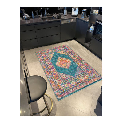 Turquoise Multicolor Traditional Patterned Vintage Decorative Washable Rug