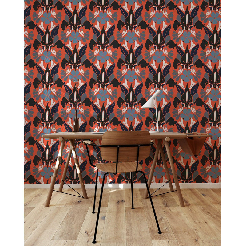 Signature Dragon Flower 10' L x 24" W Peel and Stick Wallpaper Roll, Red Smoke, Faux Grasscloth, Non-pasted