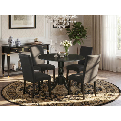 5 Piece Modern Dining Table Set Includes a Round Wooden Table with Dropleaf and 4 Black Color Linen Fabric Upholstered Chairs, Black