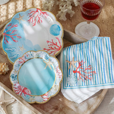 Kate Aspen Beach Party 62 Piece Coastal Party Tableware Set; Birdal Shower Decorations Plates & Napkins; Vibrant Floral Nautical (16 Guests)- Perfect for Luaus; Weddings & More