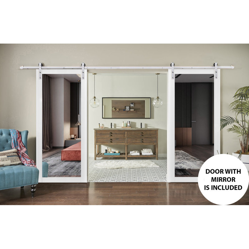 Lucia Mirrored Glass Wood Sturdy Interior Barn Doors with Installation Hardware Kit, Silver, 72" x 80"