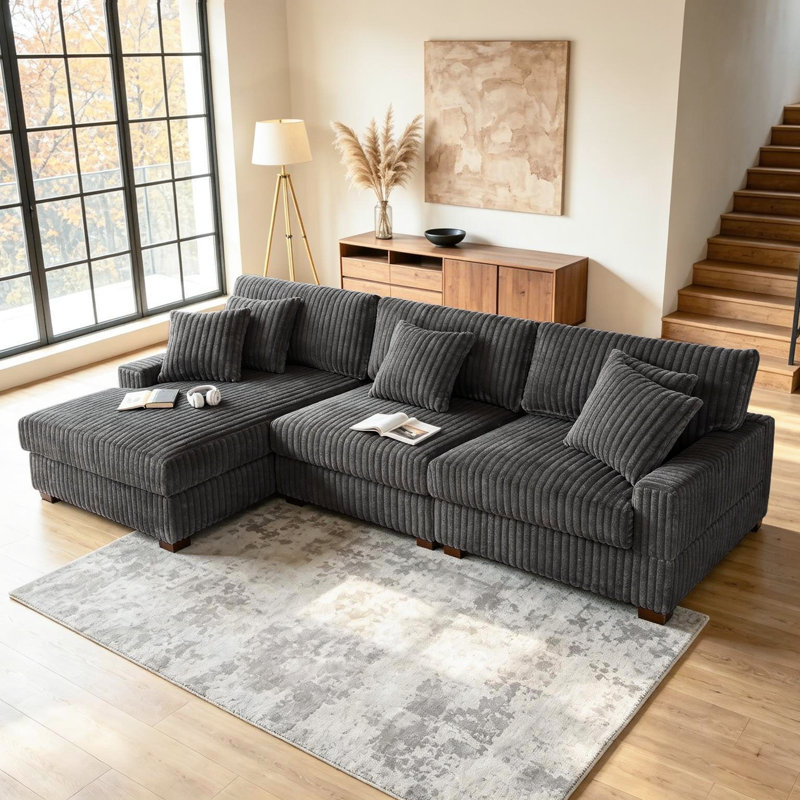 3 - Piece Upholstered Gray Faux Rabbit Fur Flannel Modular Sectional Sofa with Armrests & Throw Pillows