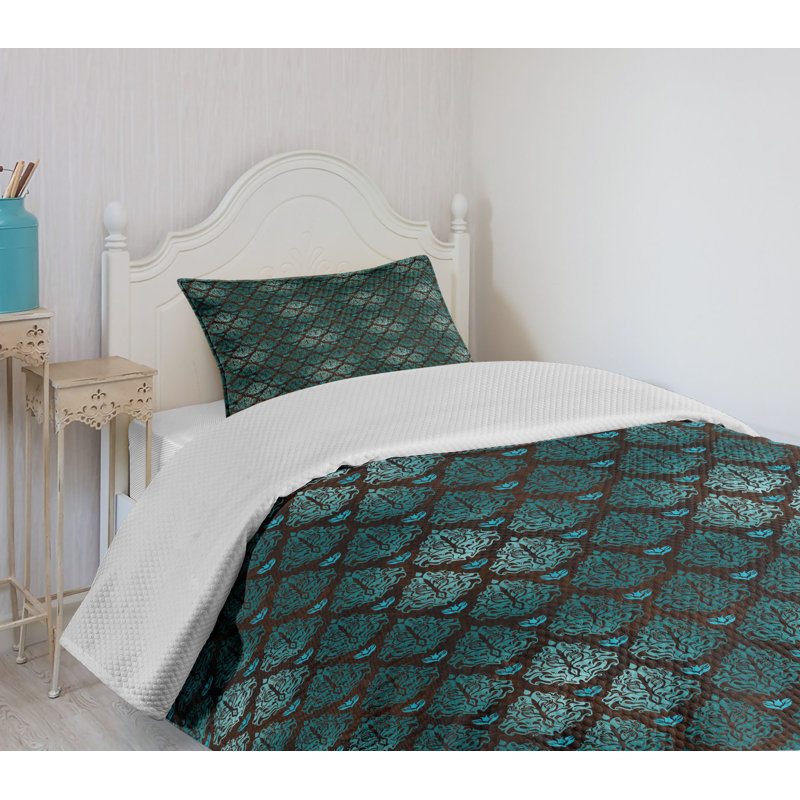 Teal and Brown Quilted Twin Bedspread Set with Pillow Sham