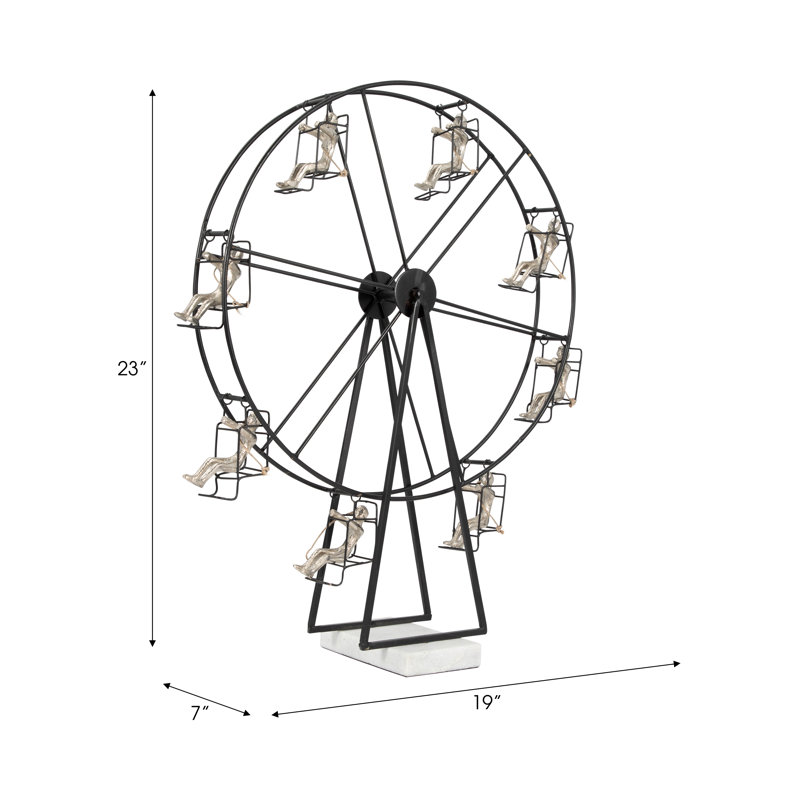 Modern Sculpture Metal and Stone Ferris Wheel Design with Seated Human Figures Home Office Bedroom Living Room Decor - 23" Black