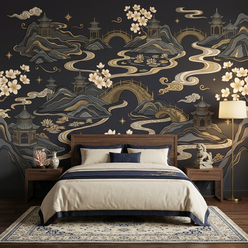 Papier peint paysage oriental East Pagodas, 100 po x 96 po, Peler et coller