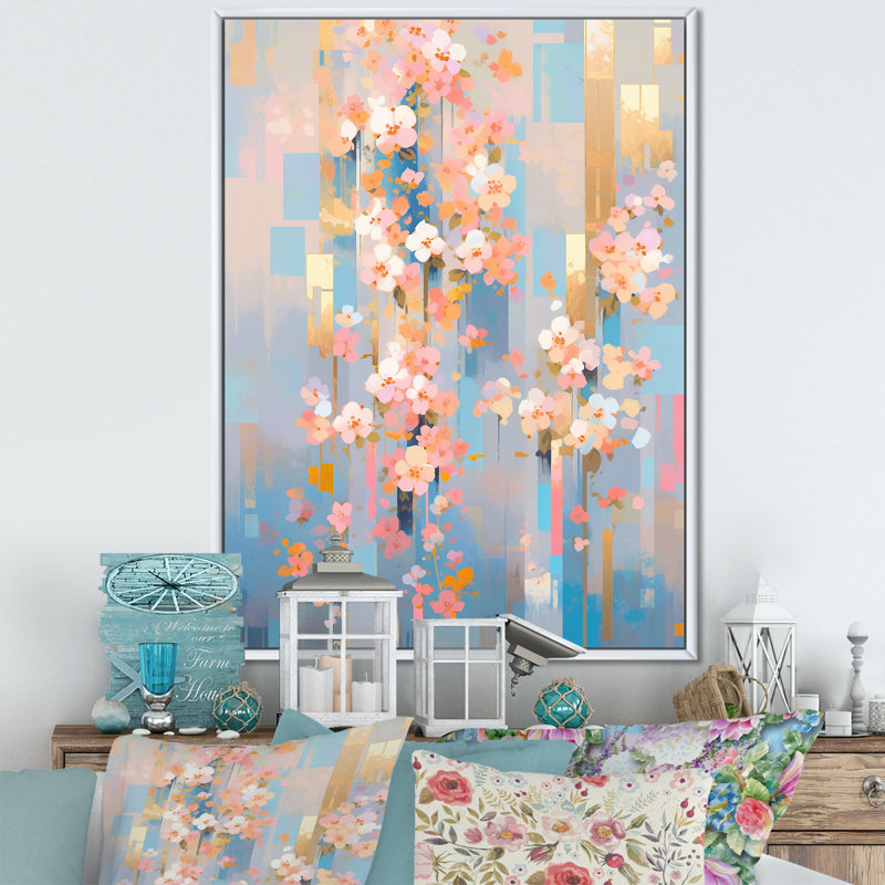Art moderne sur toile, "Modern Modern Cherry Blossom", Cadre flottant blanc, H 44 po x l 34 po x P 1,5 po