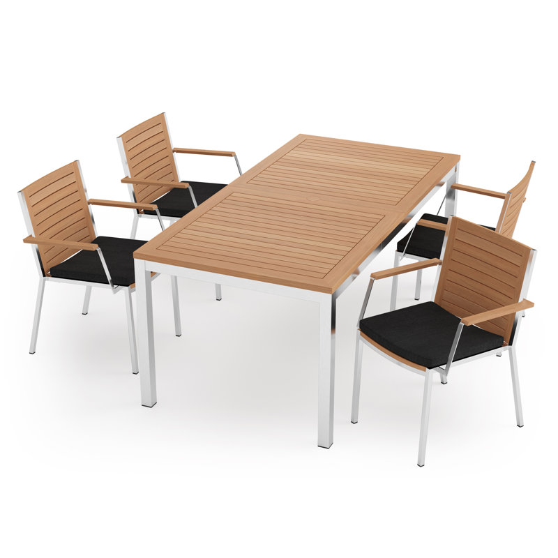 Outdoor Furniture Monterey 5 Piece Dining Set with 72 in. Table, Stainless Steel/Natural Teak, Cast Silver Sunbrella®