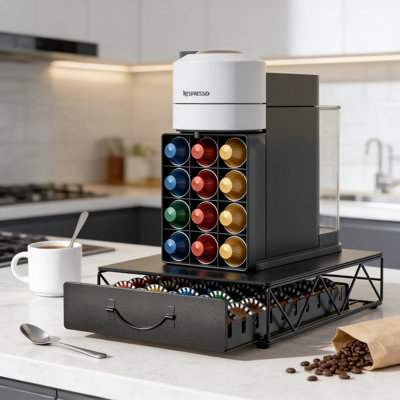 Metal Coffee Pod Storage Drawer Organizer - Holds 50 Vertuoline Capsules, Compatible With 40 K-Cups, Space-Saving Countertop Holder With Sliding Drawer For Home And Office
