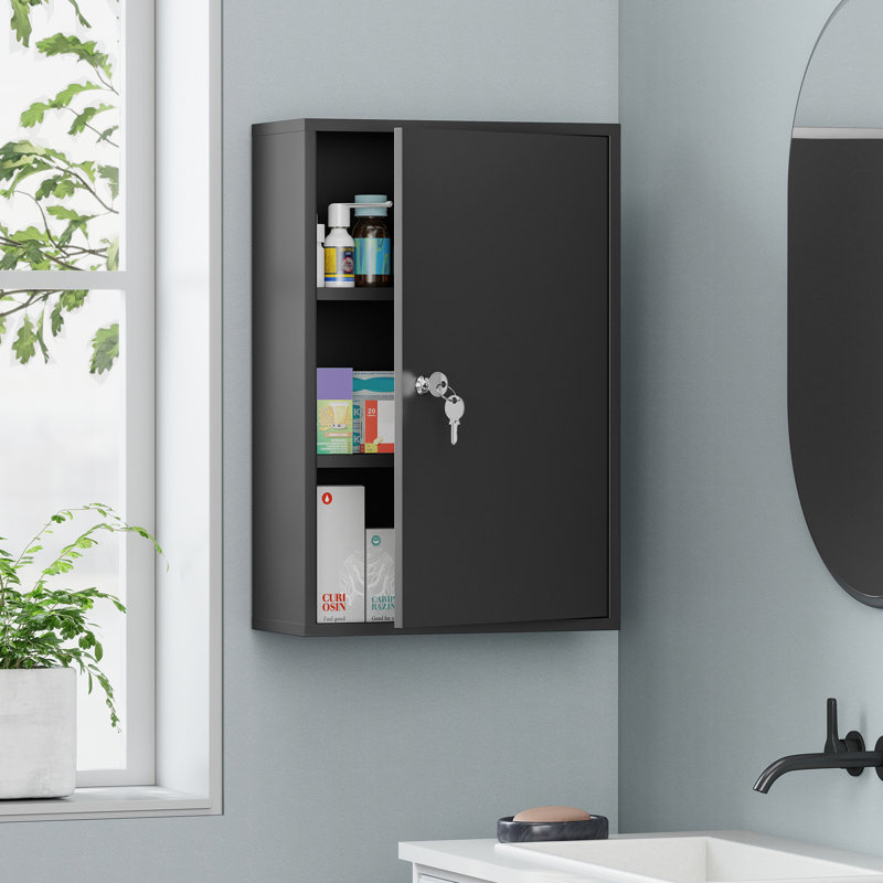 Steel Wall Mount Medicine Cabinet 3 Tier Emergency Box for Bathroom Kitchen, Lockable with 2 Keys, Black
