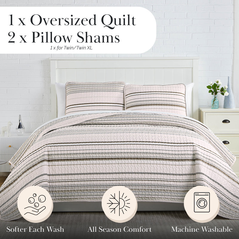 Coastal Stripes Collection Reversible Quilt Set, Queen Quilt + 2 Standard Shams, Taupe