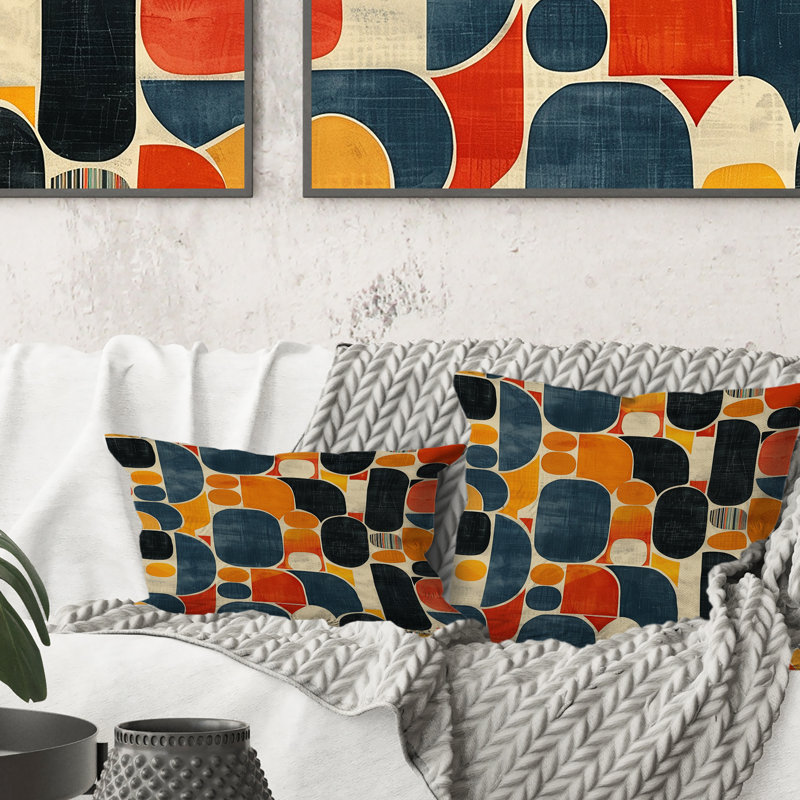 Coussin orange et vert Midcentury, 16" x 16"