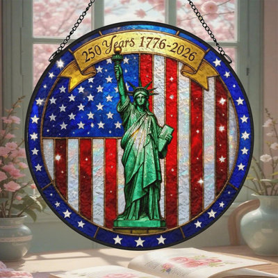 Statue Of Liberty American Flag Stars And Stripes Stained Glass Panels Suncatcher for Window Decor