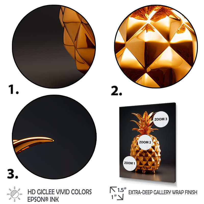 Golden Pineapple Impression II - Ananas, art mural, Cadre photo argenté, H 44 po x l 34 po x P 1,5 po