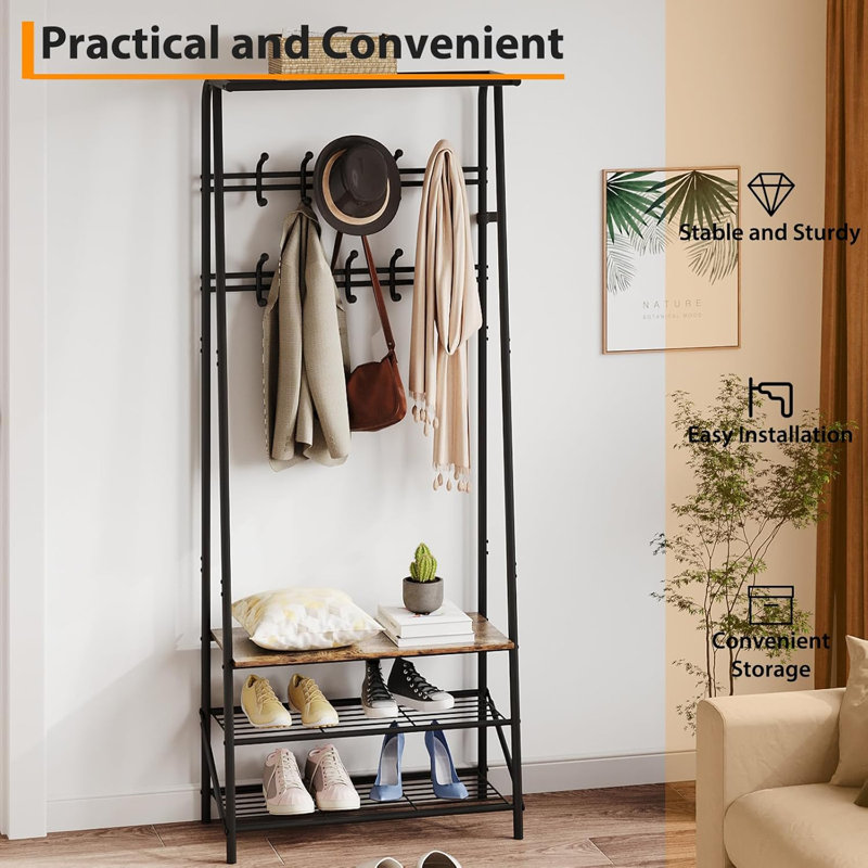 Arbre d'entrée 4 en 1 avec banc, portemanteau avec 10 crochets et rangement à chaussures à 3 niveaux, organisateur de porte d'entrée autoportant pour porte d'entrée, couloir, salon, 60 cm, double rangée