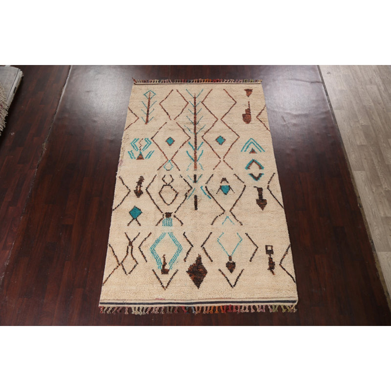 Tapis beige en laine noué à la main de conception unique 7 pi 1 po x 9 pi 11 po