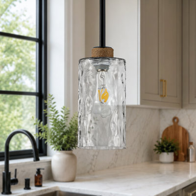 1-Light Simple Glass Pendant Light with Linen, Adjustable Swivel Canopy for Kitchen Island, Dining Rooms, Entryways