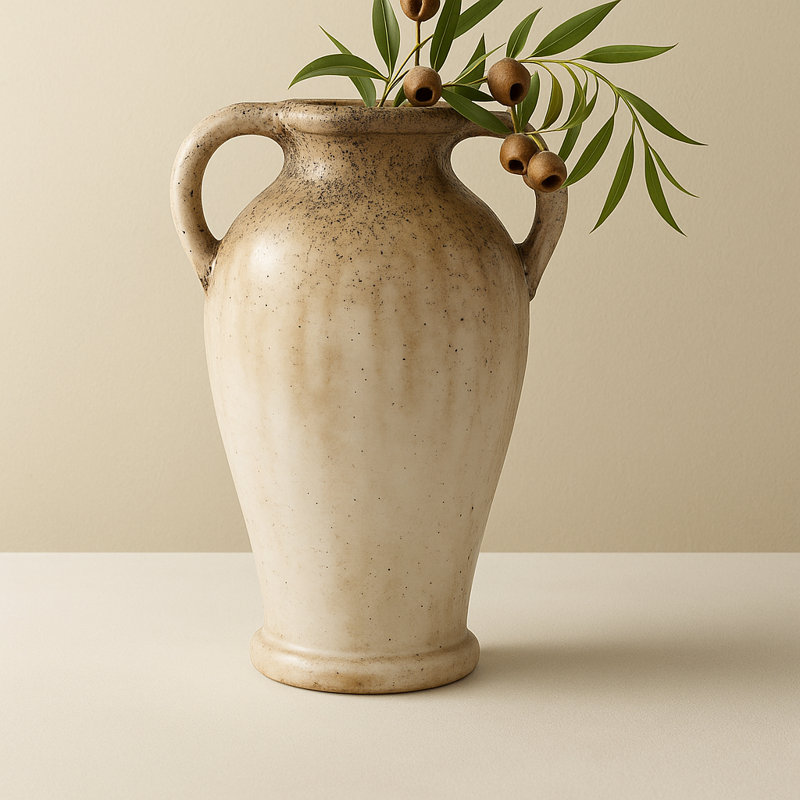 Modern Rustic Terracotta Tall Flower Vase With Speckled Finish - Elevated Home Decor Accent Vases For Table - Ivory/Brown
