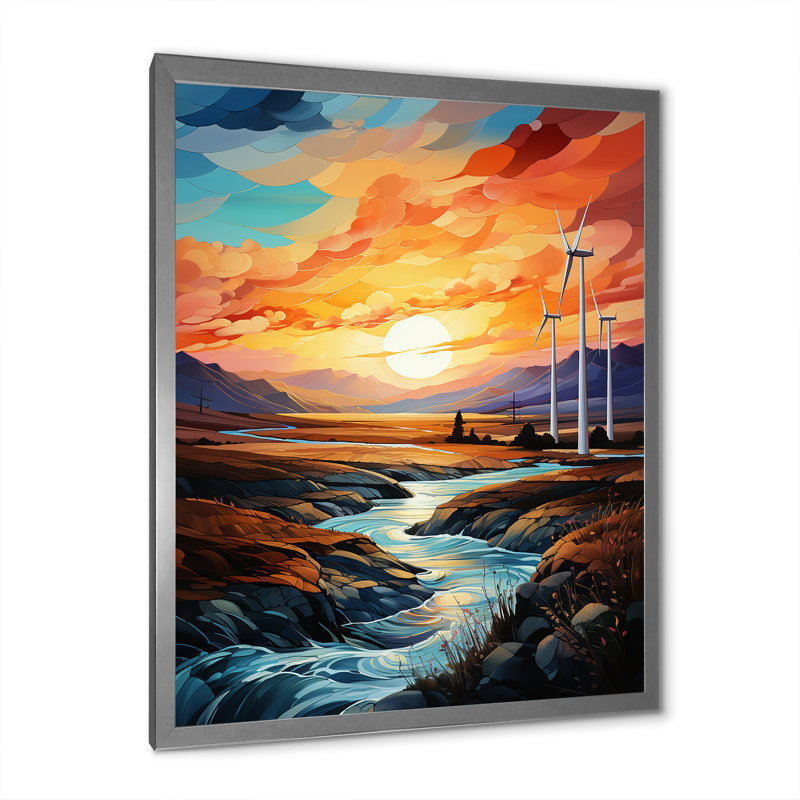 Wind Turbines Sunrise Valley I sur toile, Cadre simple argenté, H 40 po x l 30 po x P 1,5 po
