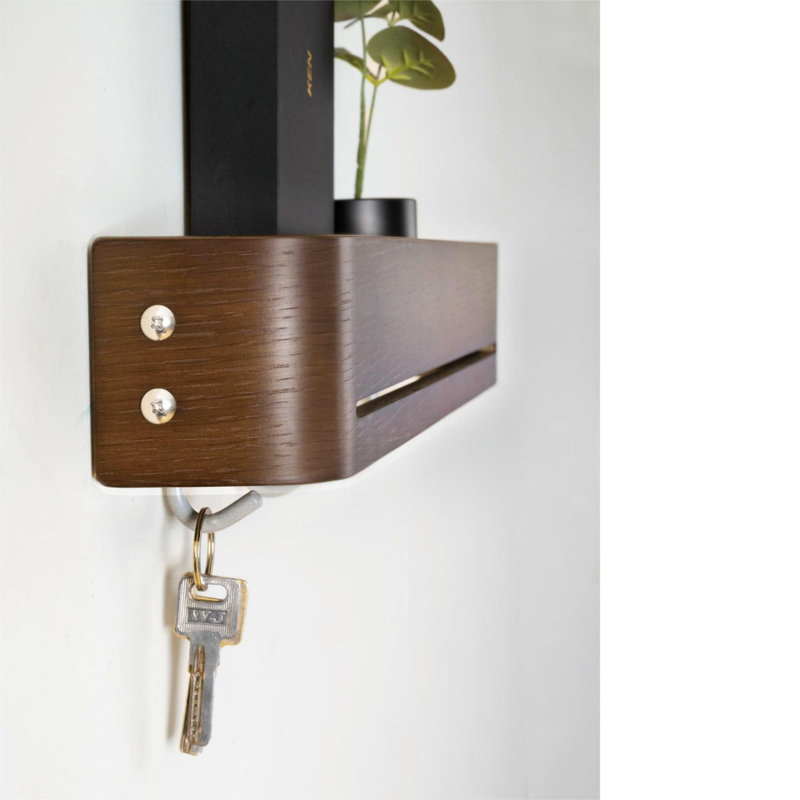 Support mural pour porte-clés avec 5 crochets rétractables, porte-clés de 17 po de conception finlandaise avec tablette, support mural pour portemanteau moderne, mobilier d'entrée et de couloir minimaliste peu encombrant - brun noyer