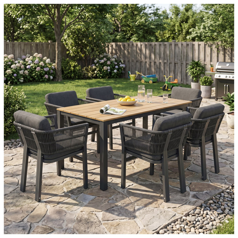 Ensemble repas d'extérieur 7 pièces avec table en bois d'acacia et 6 chaises en aluminium gris
