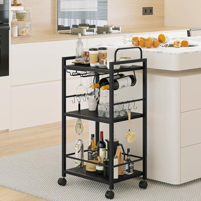 Compact Industrial Rolling Bar Cart Metal Frame MDF Mini Serving Cart with Wine Glass Holder