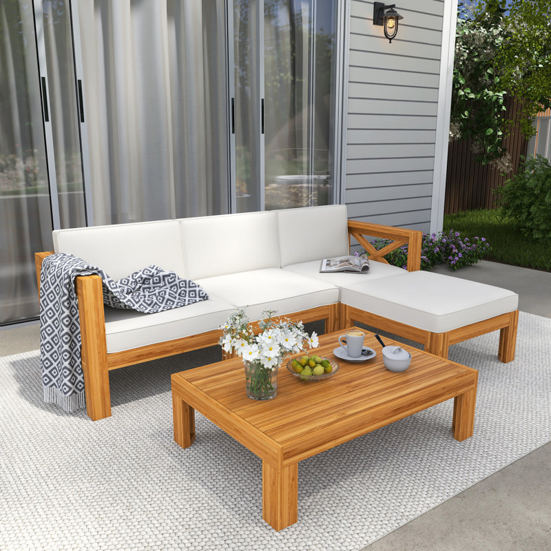 Ensemble de conversation modulaire en bois massif 5 pièces avec coussins, Beige