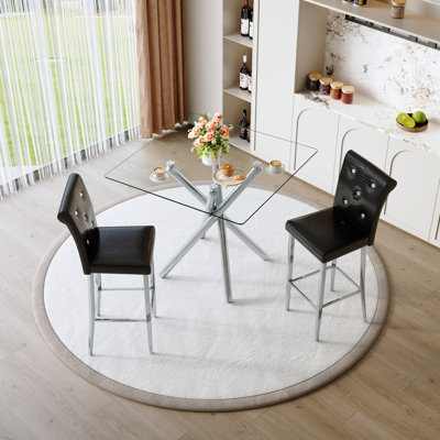 Table de pub contemporaine à hauteur de comptoir avec pieds, 2 tabourets de bar en cuir pu noir, verre moderne pour les petits espaces, structure, chaises et table de conception sécuritaire, 2 bar maison, qualité, sièges confortables