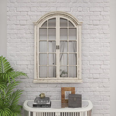 Edmondson Cream Wood Window Panes Inspired Wall Mirror w/ Arched Top and Distressing