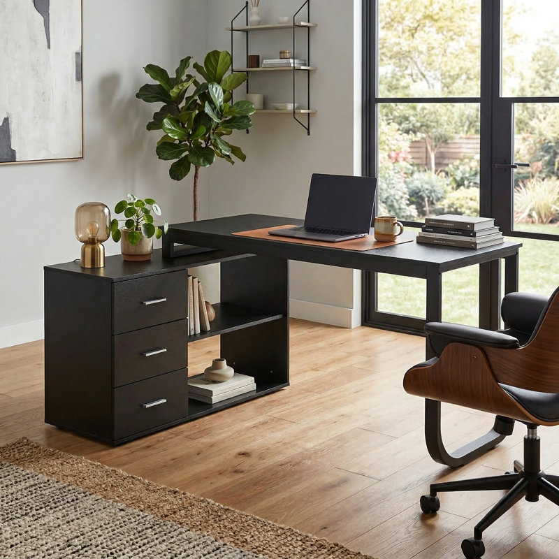 Bureau multifonctionnel réversible avec tiroirs de rangement et tablettes ouvertes Fort Myers, Noir
