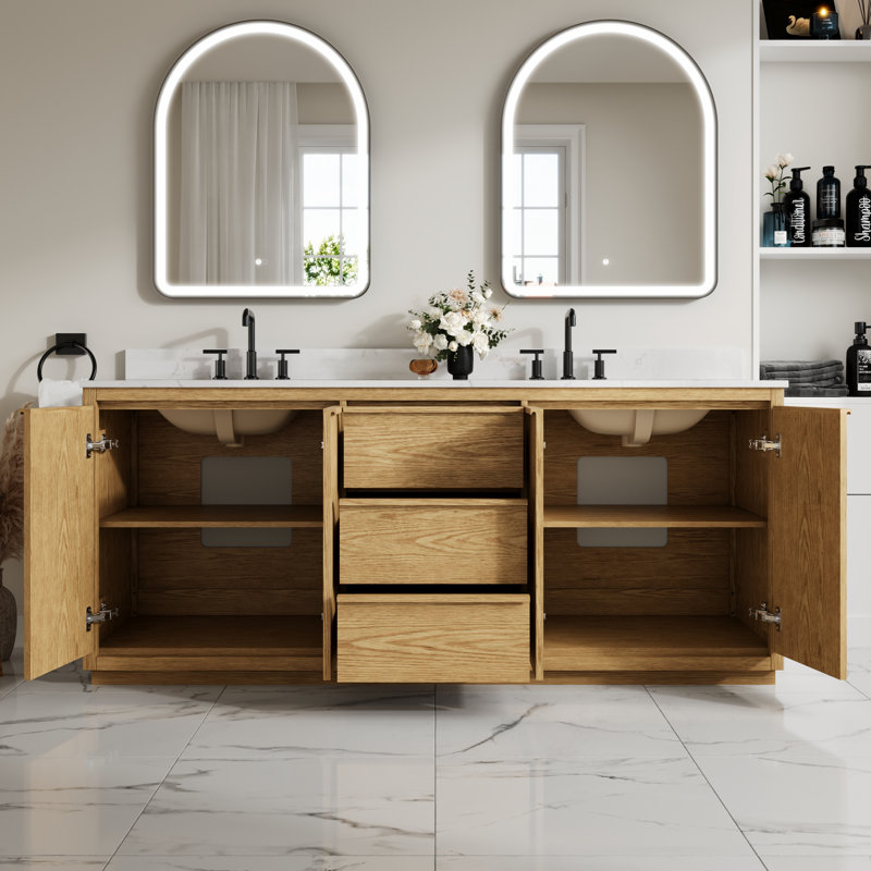 Meuble-lavabo sur pied l 80 po x H 35 po avec structure en bois de chêne, comptoir en quartz, lavabo double, entièrement assemblé