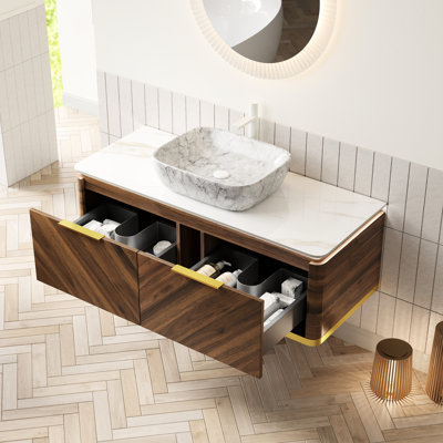 Meuble-lavabo de 48 po avec lavabo en céramique à haute dureté, comptoir en pierre frittée et grand tiroir de rangement, armoire en contreplaqué multicouche, vasque en marbre