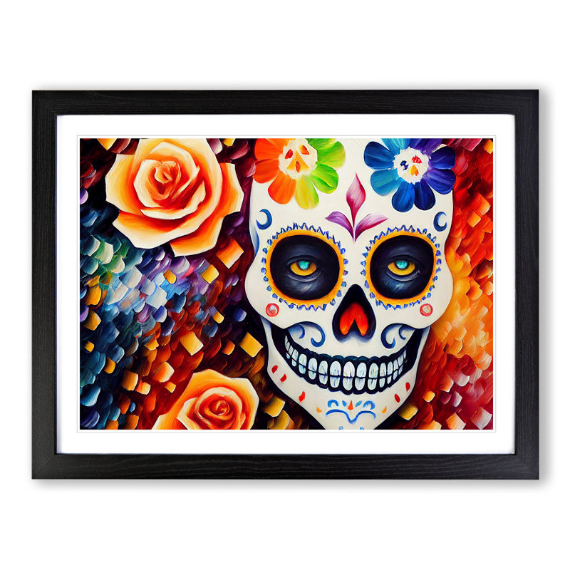 Incredible Floral Sugar Skull - Single Picture Frame Painting, Black, 46cm H x 64cm W x 2cm D