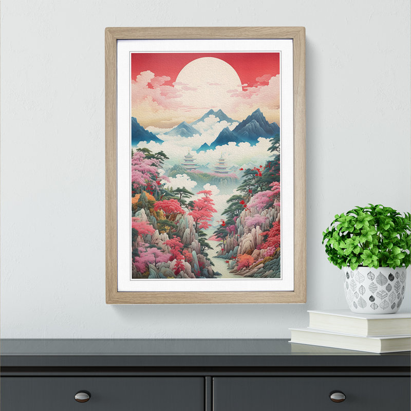 Japanese Mountains Rococo Art - Framed Print, 46cm H x 34cm W x 2cm D, Oak
