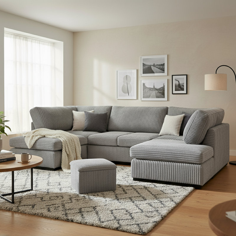 5 Seater Corduroy Corner Sofa , Silver