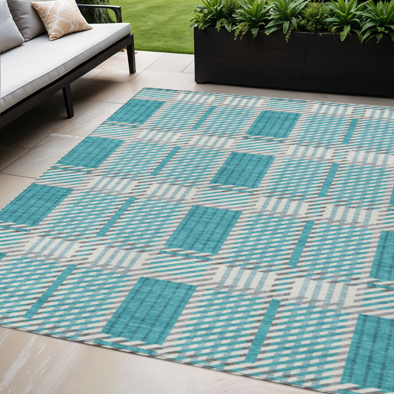 Tapis extérieur lavable à carreaux bleu sarcelle et gris ivoire 5 pi x 8 pi