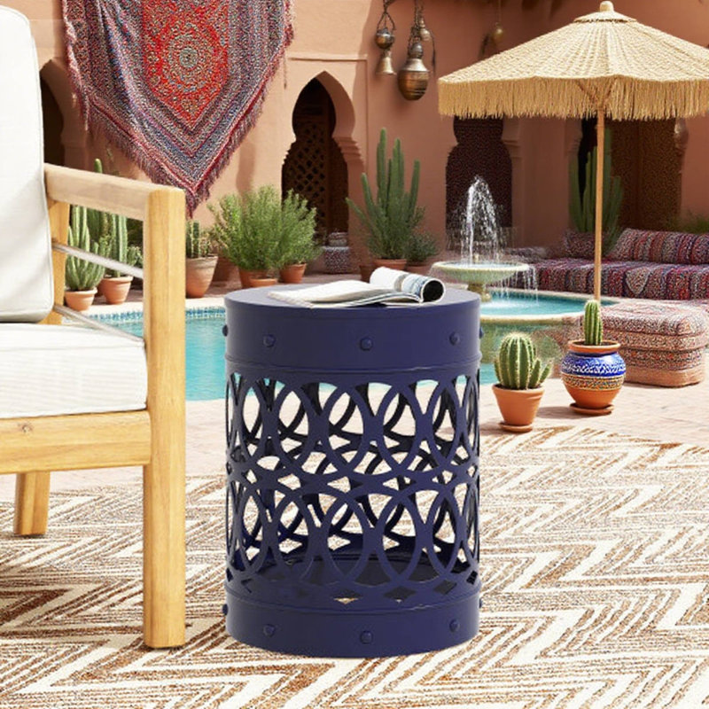 Navy Blue Cutout Metal Outdoor End Table - Large, Navy
