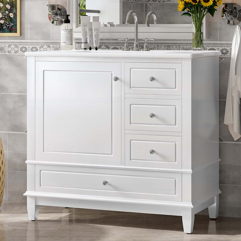 Meuble-lavabo autoportant avec plateau, tiroirs et tablettes en céramique, parfait pour les petites salles de bain, Blanc