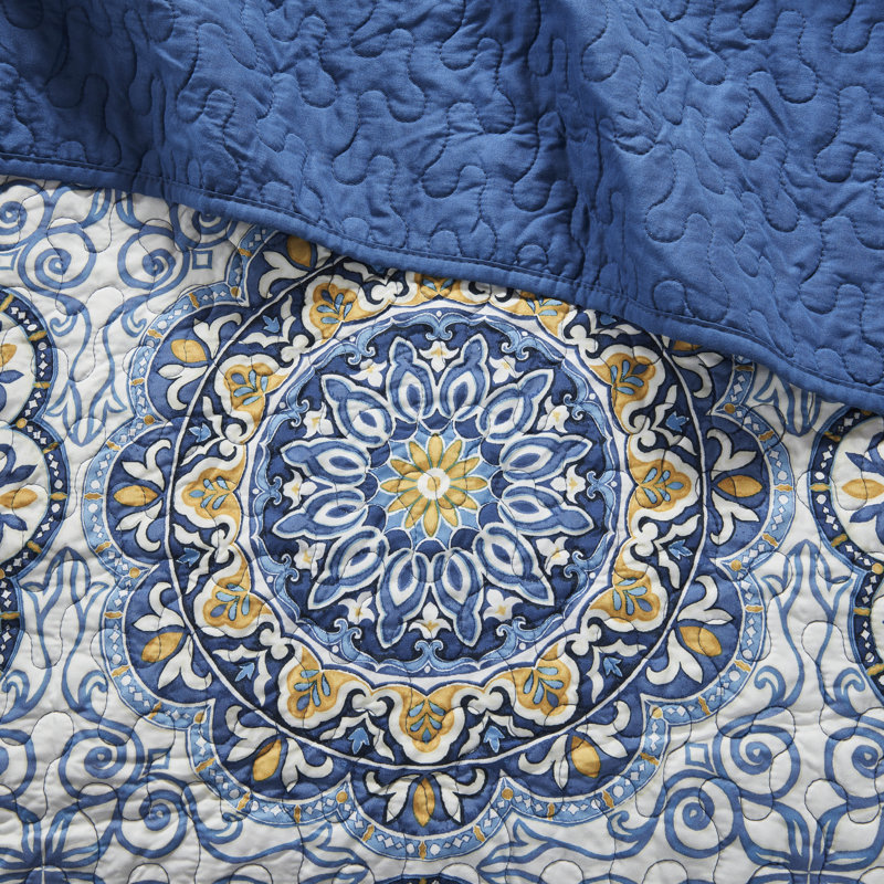 Blue and Yellow Bohemian Reversible Queen Quilt Set