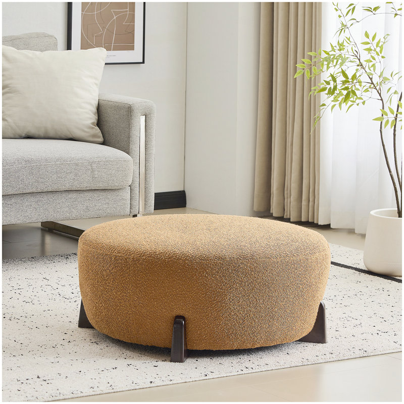 Modish Round Ottoman: Boucle Top with Splayed Rubber Wood Legs, Pumpkin Orange, Pumpkin Orange