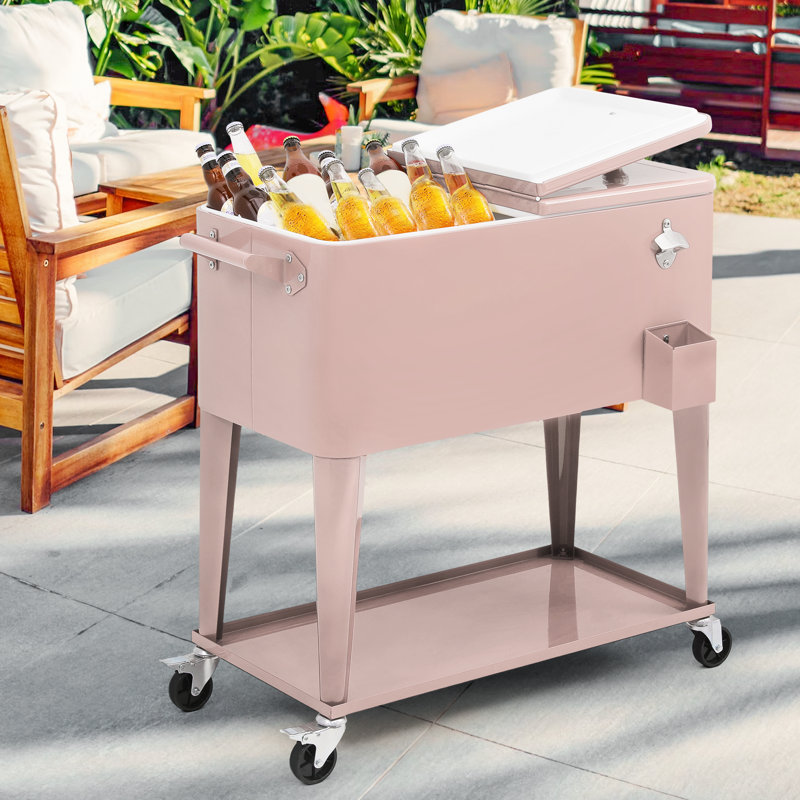 Pink Alloy Steel Outdoor Rolling Cooler with Wheels